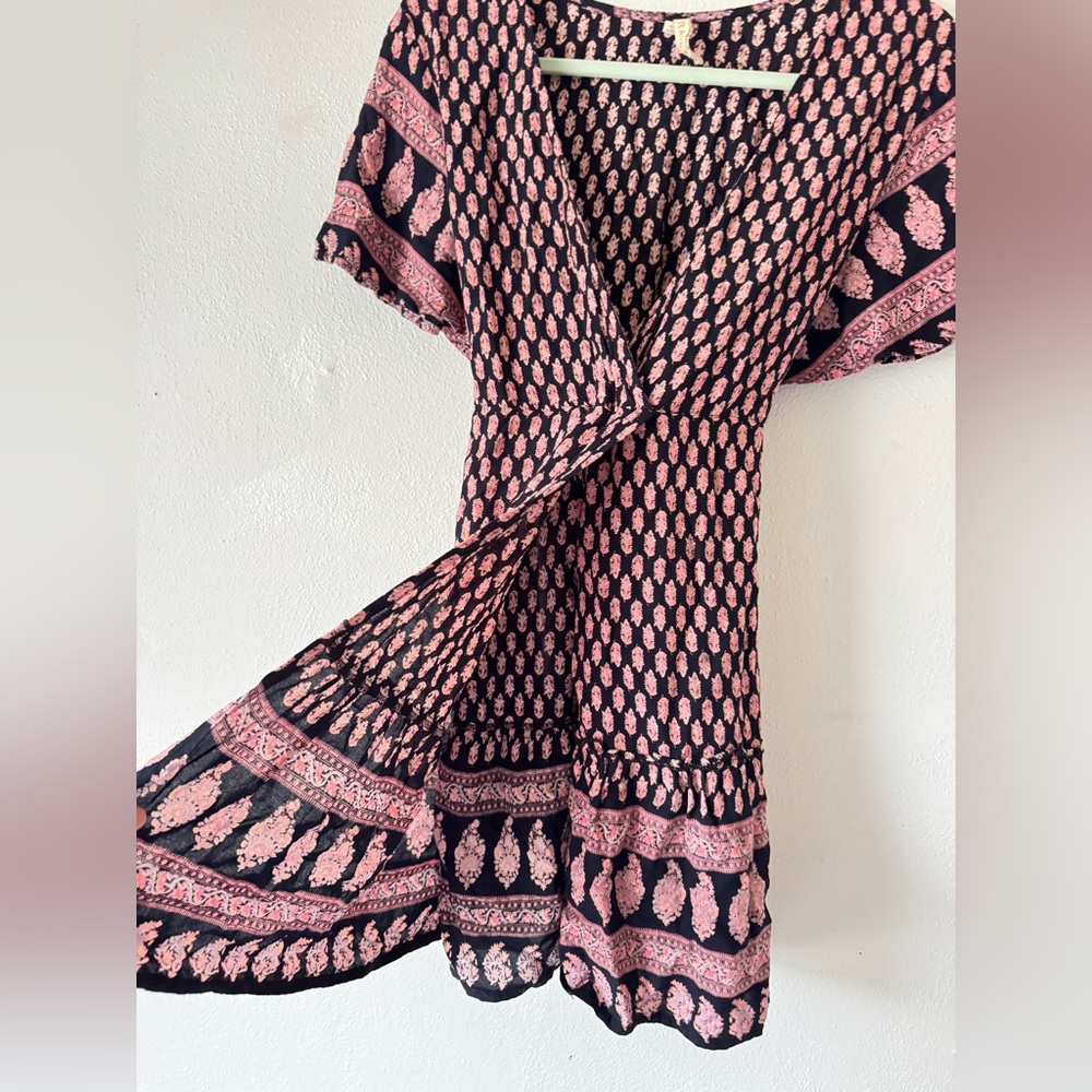 Anthropologie RAGA Faux Wrap Mini Dress Sz M Black Pink Mixed Print Ties Ruffle - Picture 4 of 14